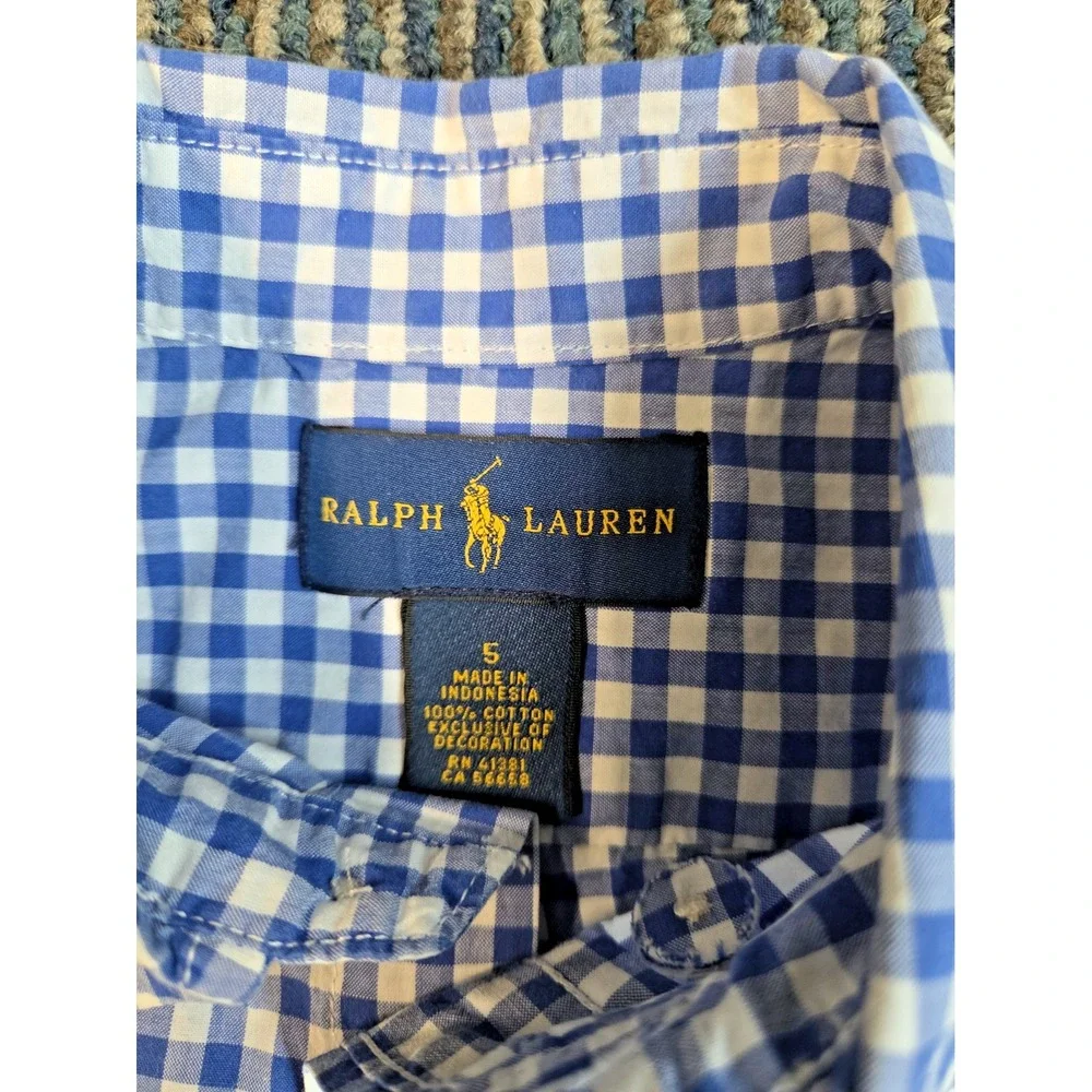 Ralph Lauren Kids Blue Gingham Button Down Shirt Size 5 Green Pony Logo Long Slv